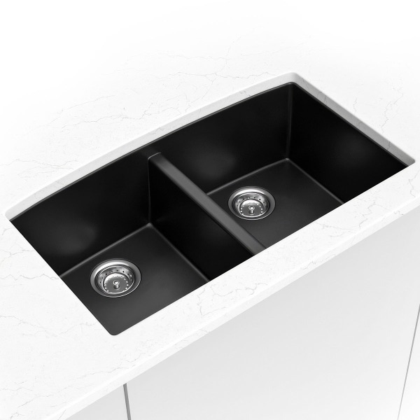 Black Quartz Double Bowl 50/50-3219 sink — MSI Surfaces at WoodArt Cabinets San Antonio