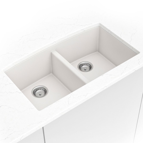 White Quartz Double Bowl 50/50-3219 sink — MSI Surfaces at WoodArt Cabinets San Antonio