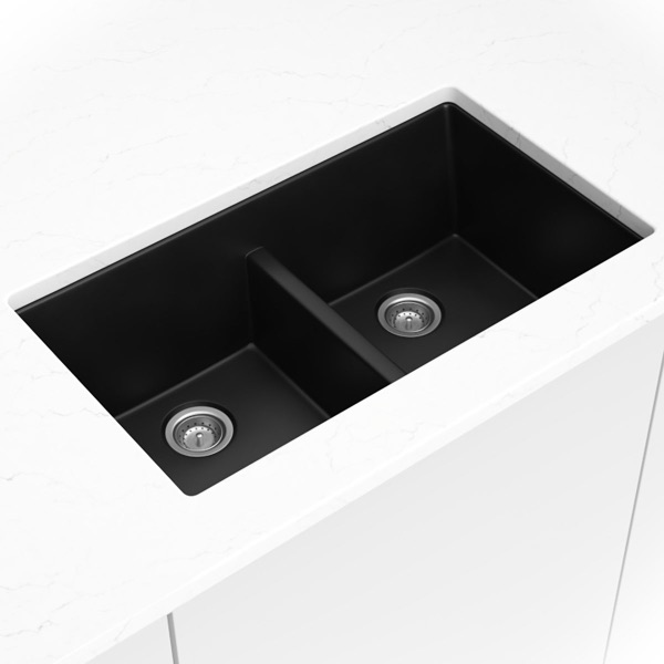 Black Quartz Double Bowl 50/50-3319 sink — MSI Surfaces at WoodArt Cabinets San Antonio