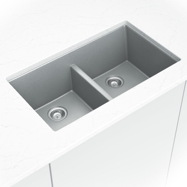 Gray Quartz Double Bowl 50/50-3319 sink — MSI Surfaces at WoodArt Cabinets San Antonio