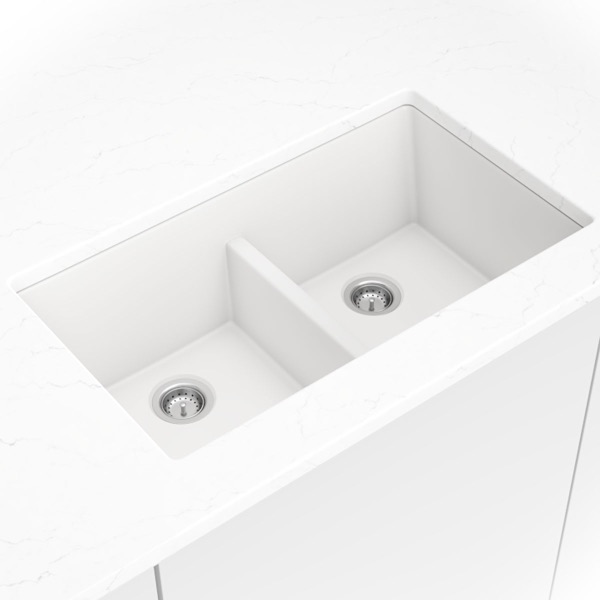 White Quartz Double Bowl 50/50-3319 sink — MSI Surfaces at WoodArt Cabinets San Antonio