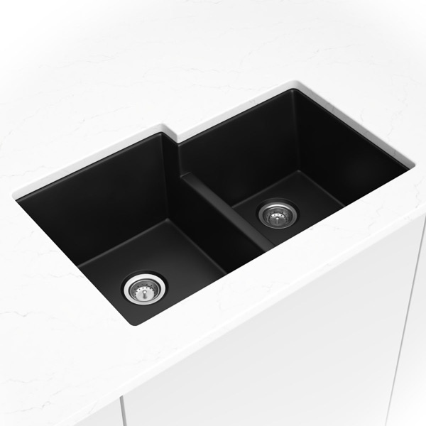 Black Quartz Double Bowl 60/40-3221 sink — MSI Surfaces at WoodArt Cabinets San Antonio