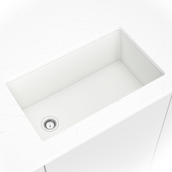 White Quartz Single Bowl 3119 sink — MSI Surfaces at WoodArt Cabinets San Antonio