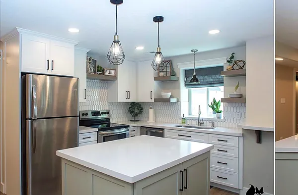 white and gray kitchen with marble backsplash and island by WoodArt Cabinets San Antonio