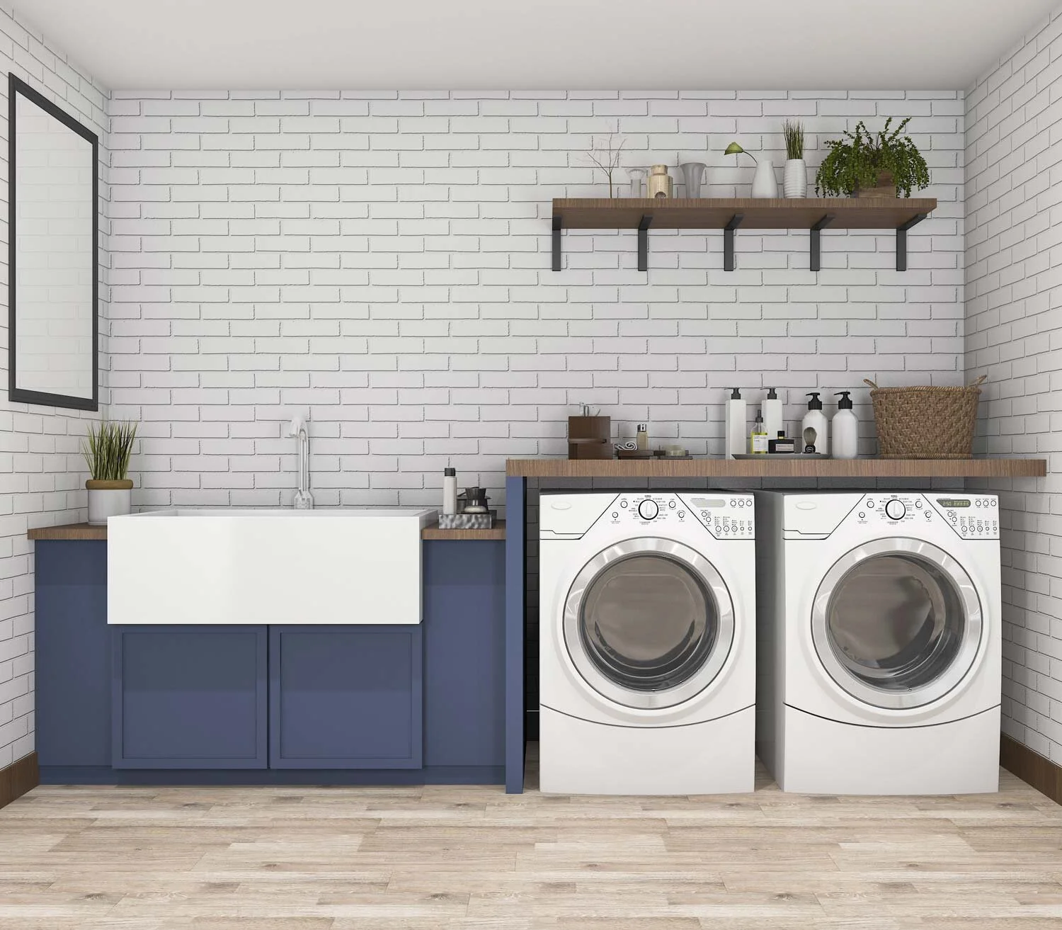 Modern laundry room with gray shaker cabinets, washer and dryer — laundry remodeling by WoodArt Cabinets San Antonio